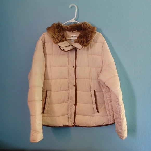 Lightly worn Old Navy faux fur high collar cream colored coat with brown trim. - Picture 2 of 2